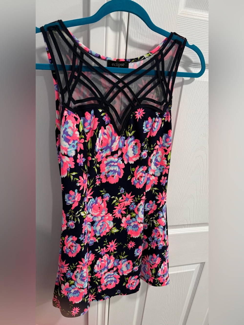 Eclipse Navy Floral Mesh Dress with Neon Pink Accents